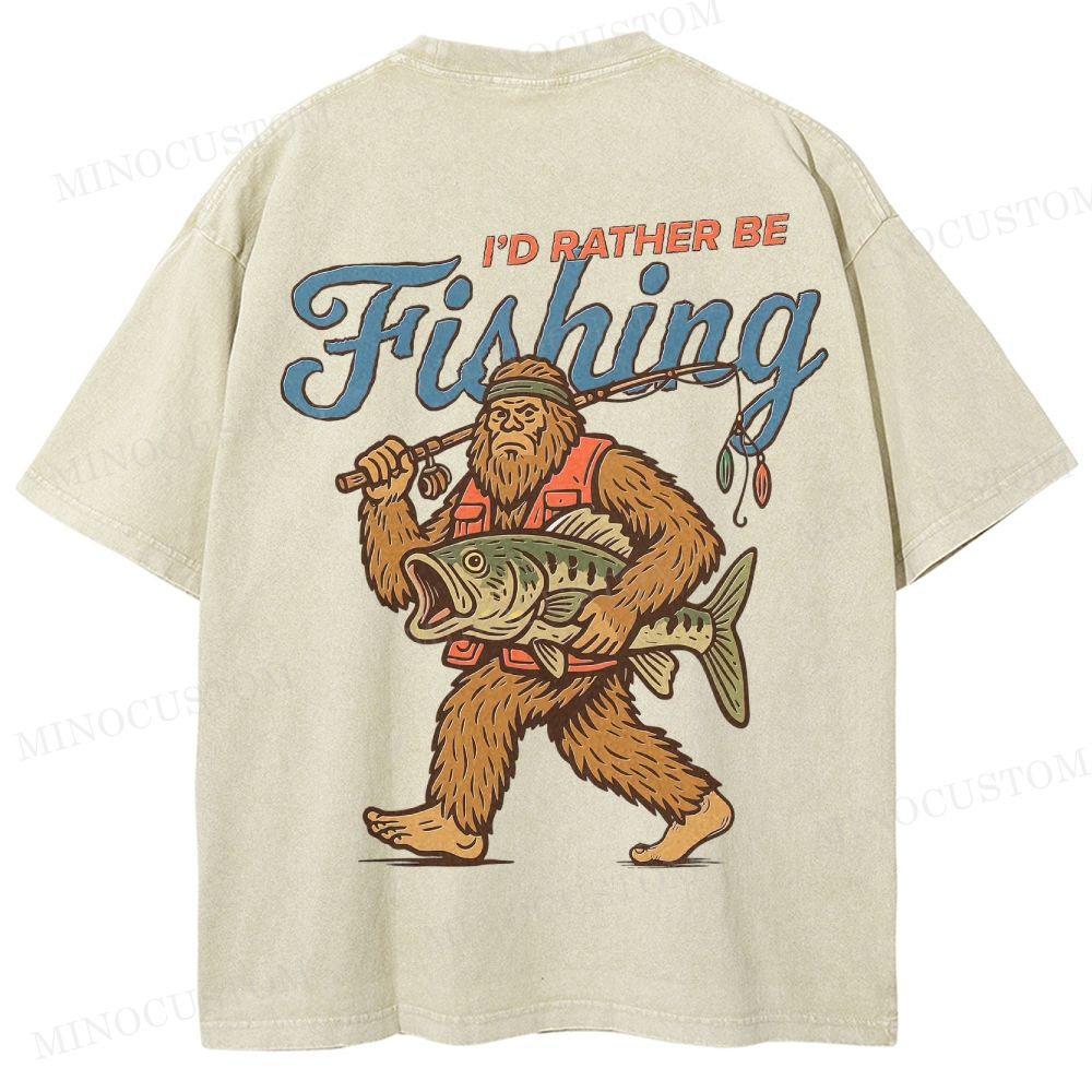 Funny Bigfoot Fishing Washed T-Shirt 