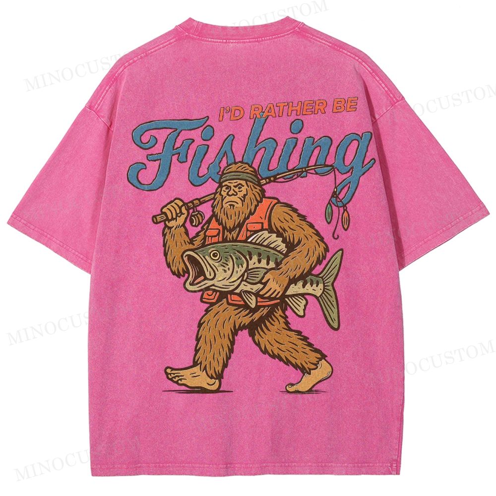 Funny Bigfoot Fishing Washed T-Shirt 
