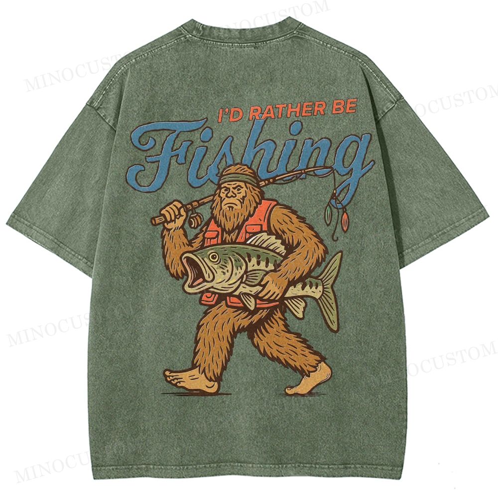 Funny Bigfoot Fishing Washed T-Shirt 