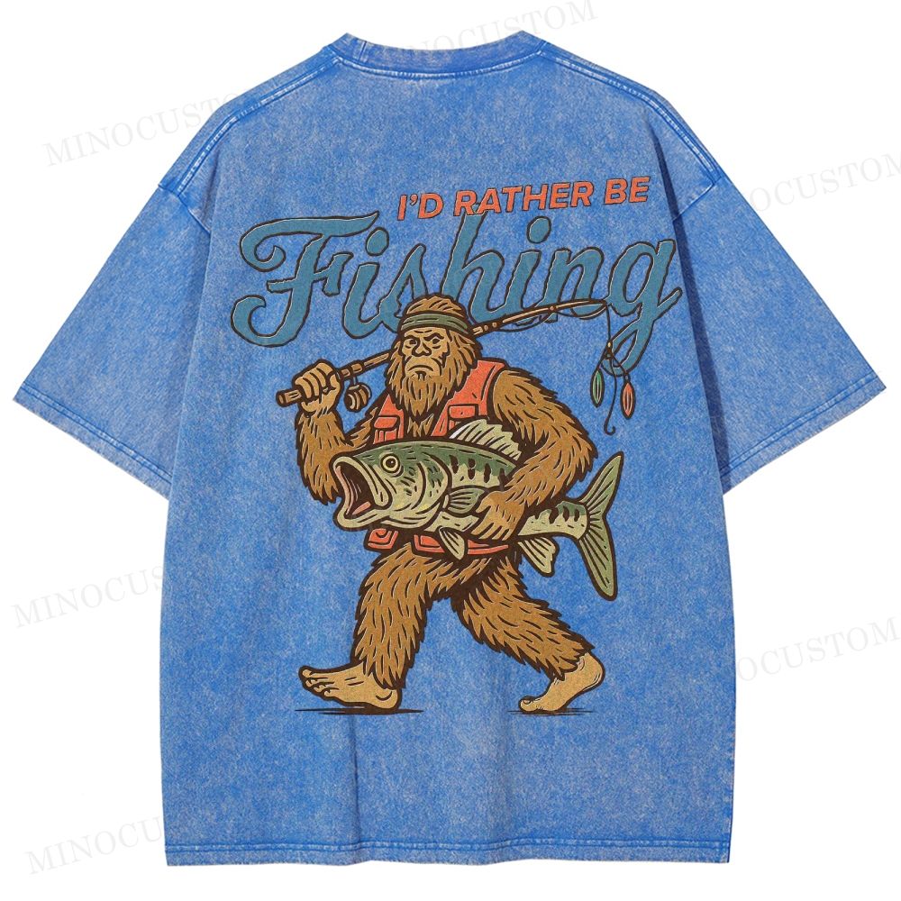 Funny Bigfoot Fishing Washed T-Shirt 