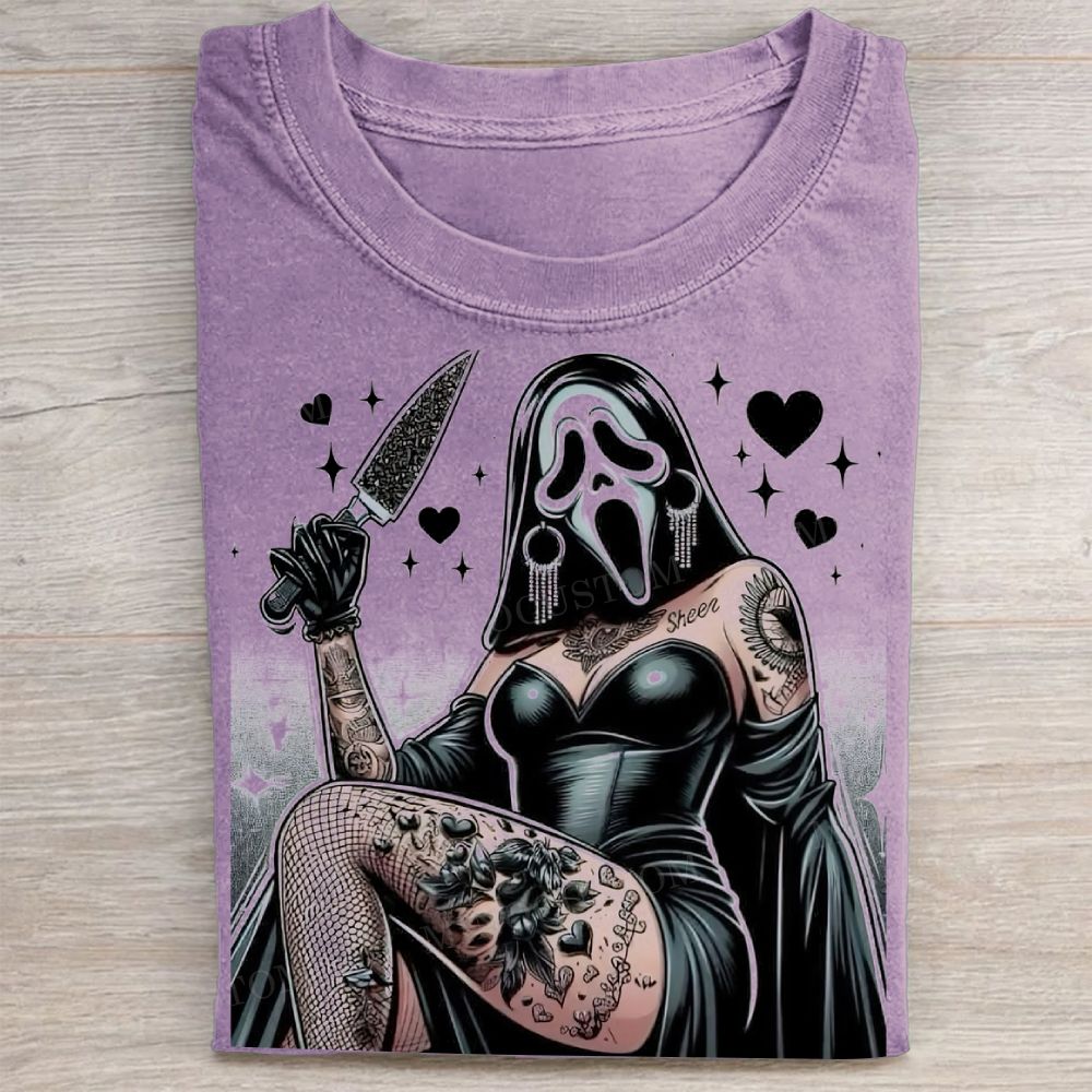 "Tattooed Ghostface Babe" Horror Pinup Vintage Washed Tee
