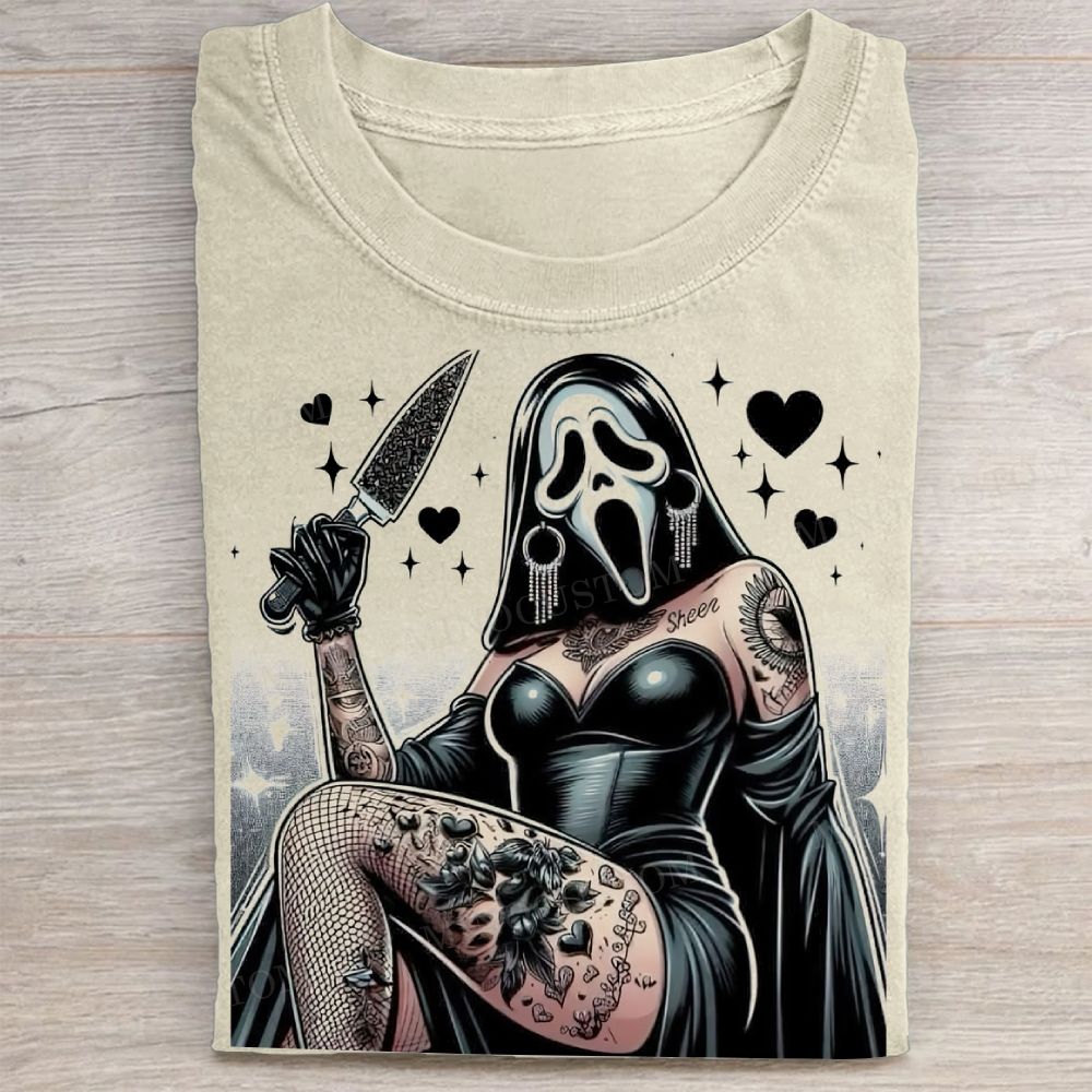 "Tattooed Ghostface Babe" Horror Pinup Vintage Washed Tee