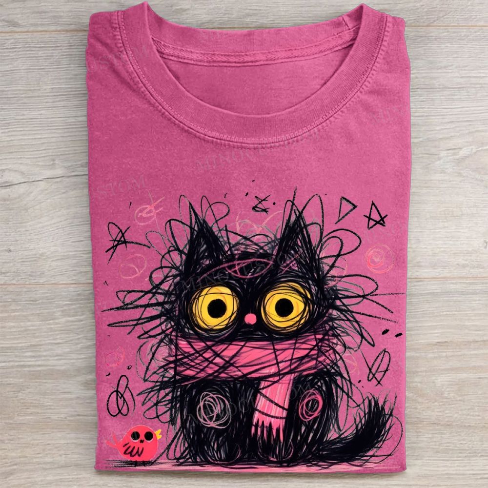 "Chaos Black Cat" Cute Doodle Vintage Washed Tee