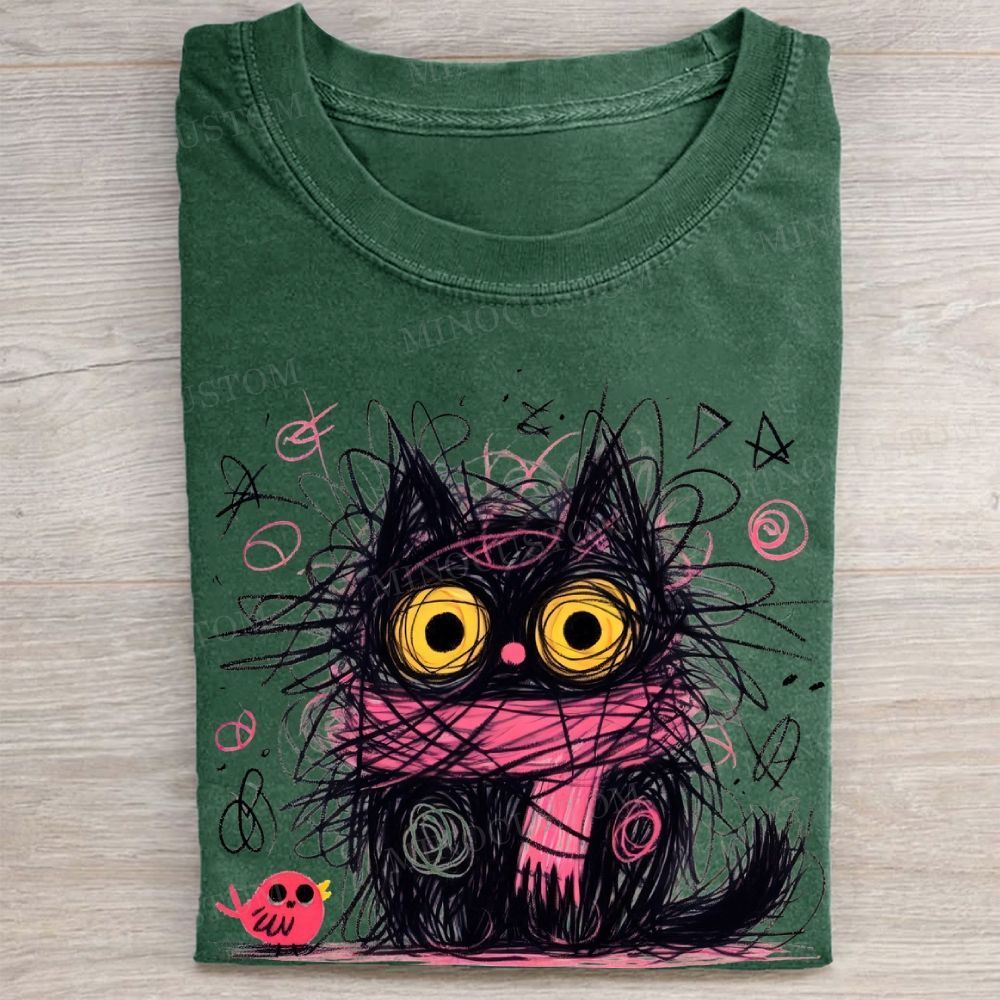 "Chaos Black Cat" Cute Doodle Vintage Washed Tee