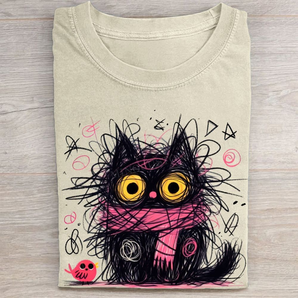 "Chaos Black Cat" Cute Doodle Vintage Washed Tee