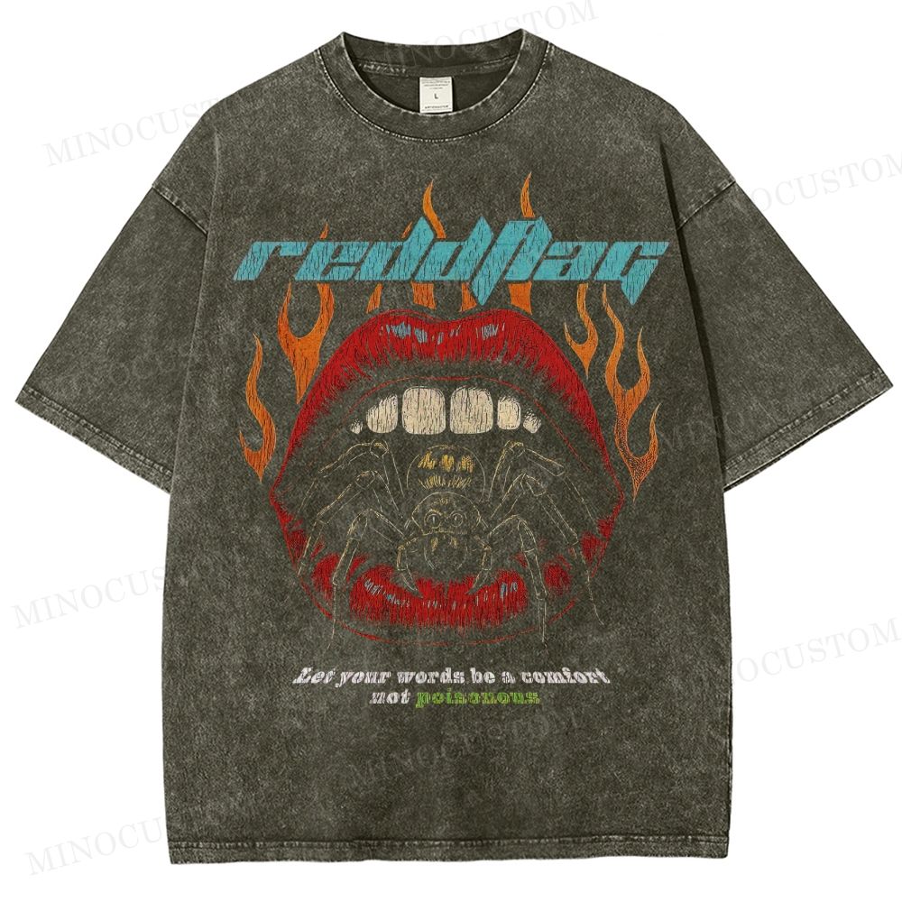 "Red Flag Spider Lips" Gothic Punk Washed T-Shirt