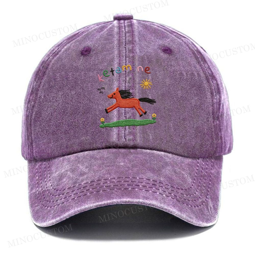 Embroidery Cartoon Running Horse Vintage Casual Washed Cap
