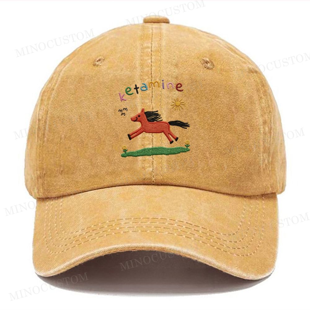 Embroidery Cartoon Running Horse Vintage Casual Washed Cap