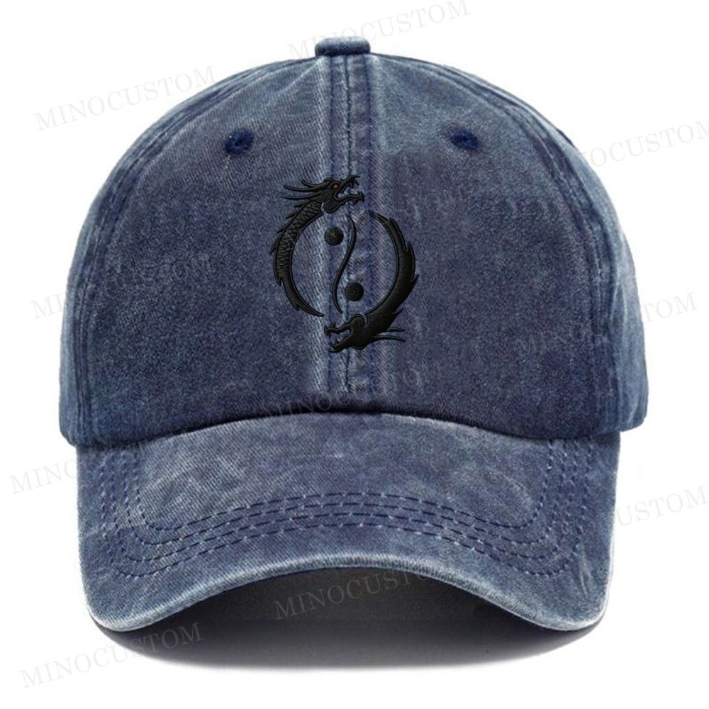 Embroidery Yin Yang Double Dragon Vintage Casual Washed Cap