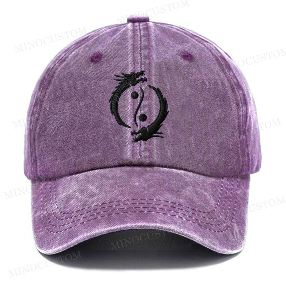 Embroidery Yin Yang Double Dragon Vintage Casual Washed Cap