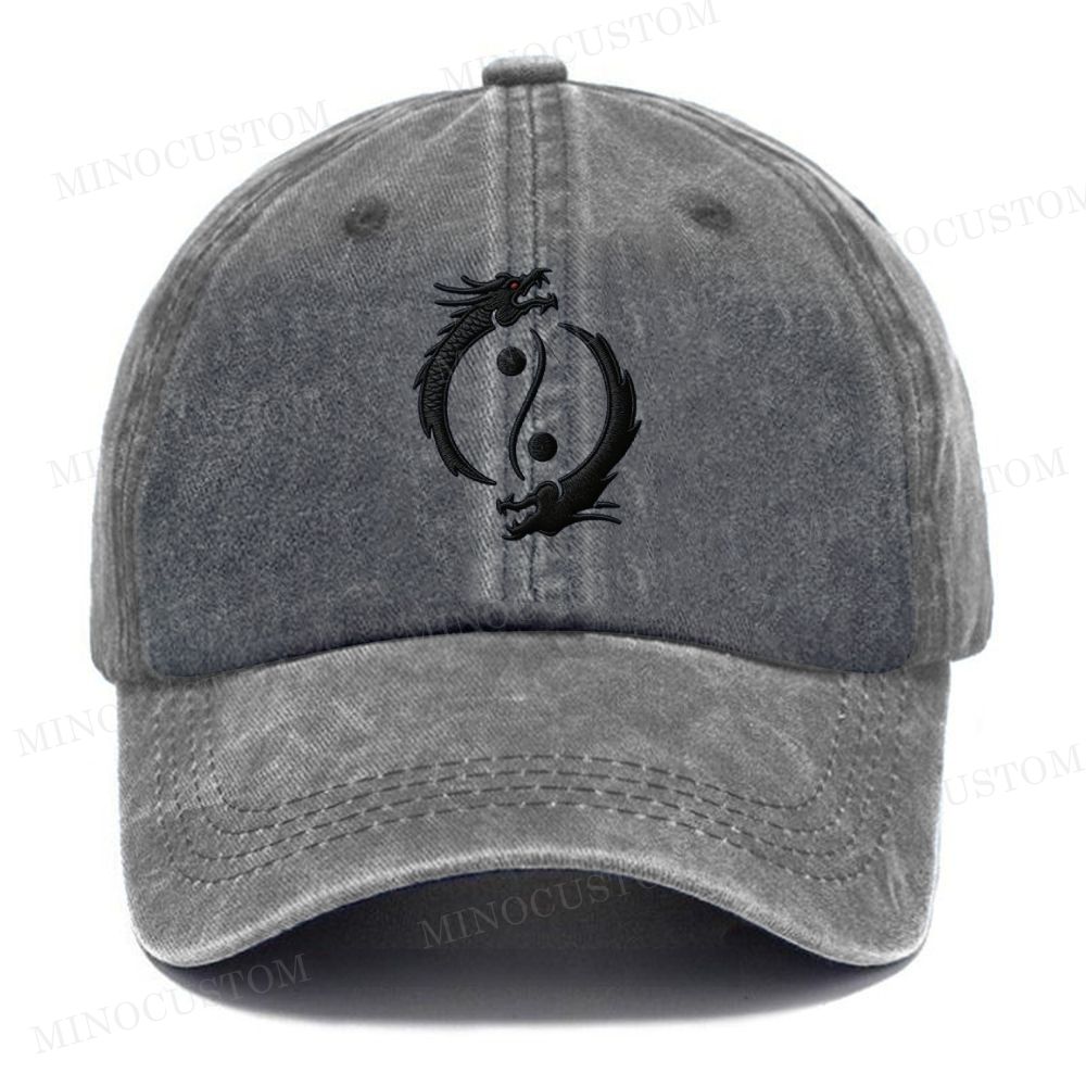 Embroidery Yin Yang Double Dragon Vintage Casual Washed Cap