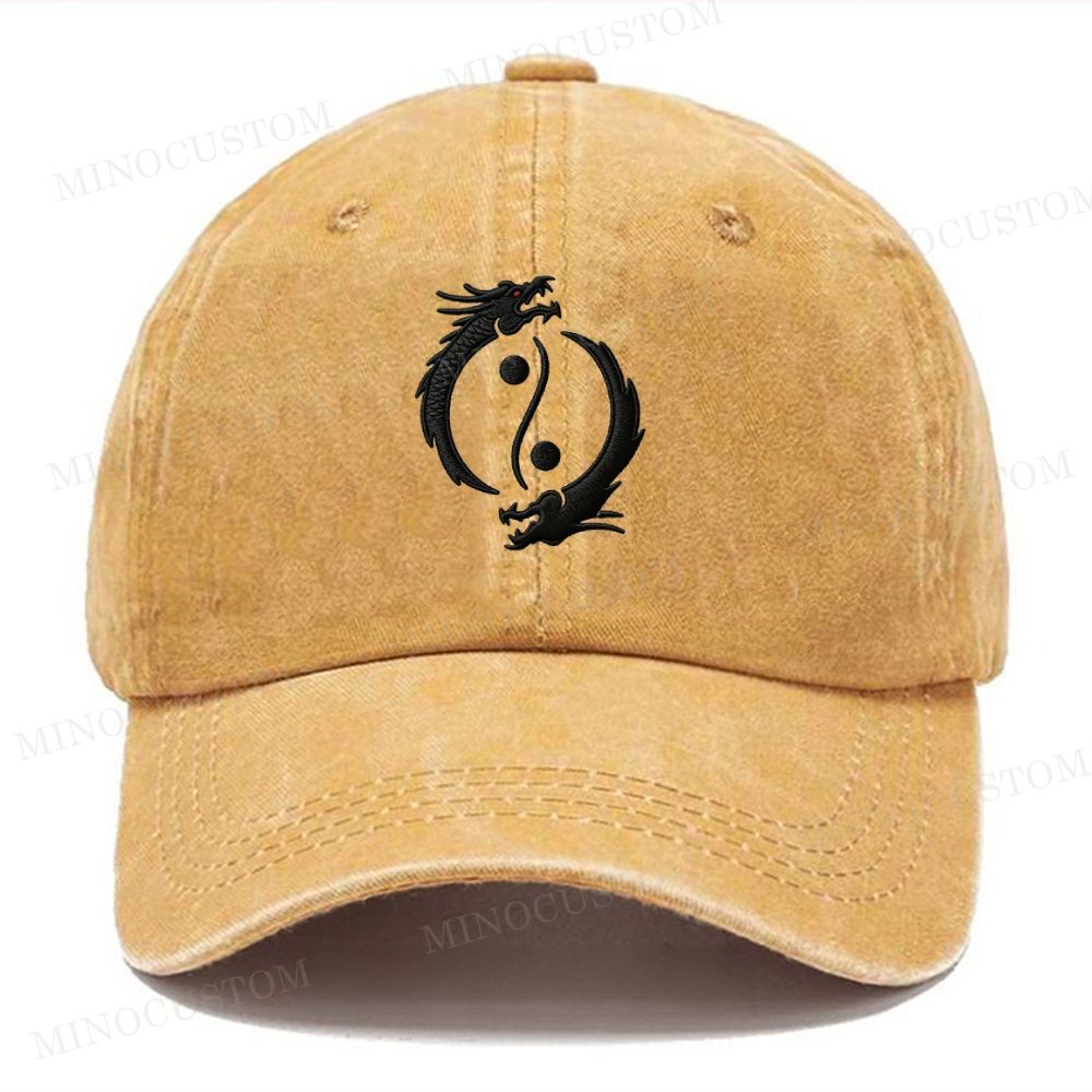 Embroidery Yin Yang Double Dragon Vintage Casual Washed Cap