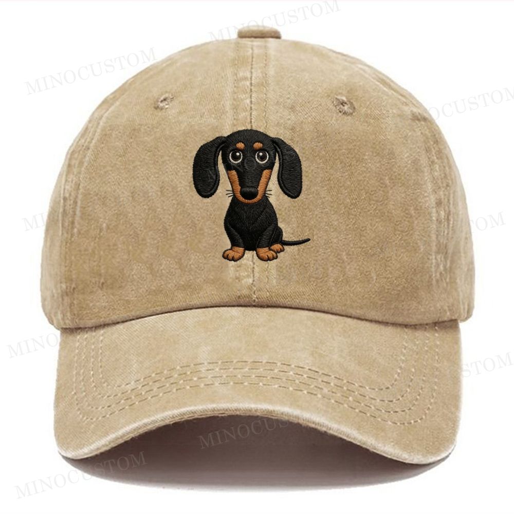 Embroidery Cartoon Dachshund Vintage Casual Washed Cap