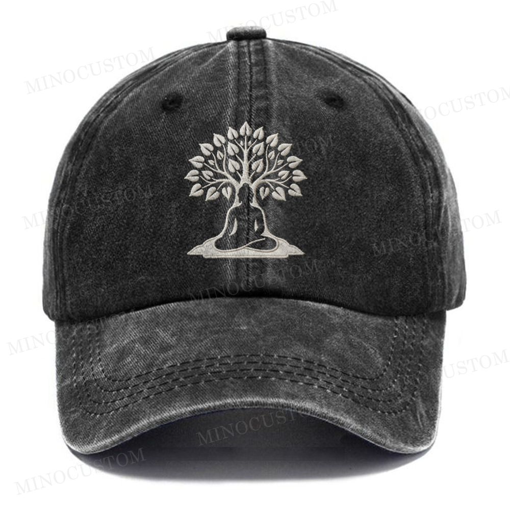 Embroidery Buddha Under Bodhi Tree Vintage Casual Washed Cap