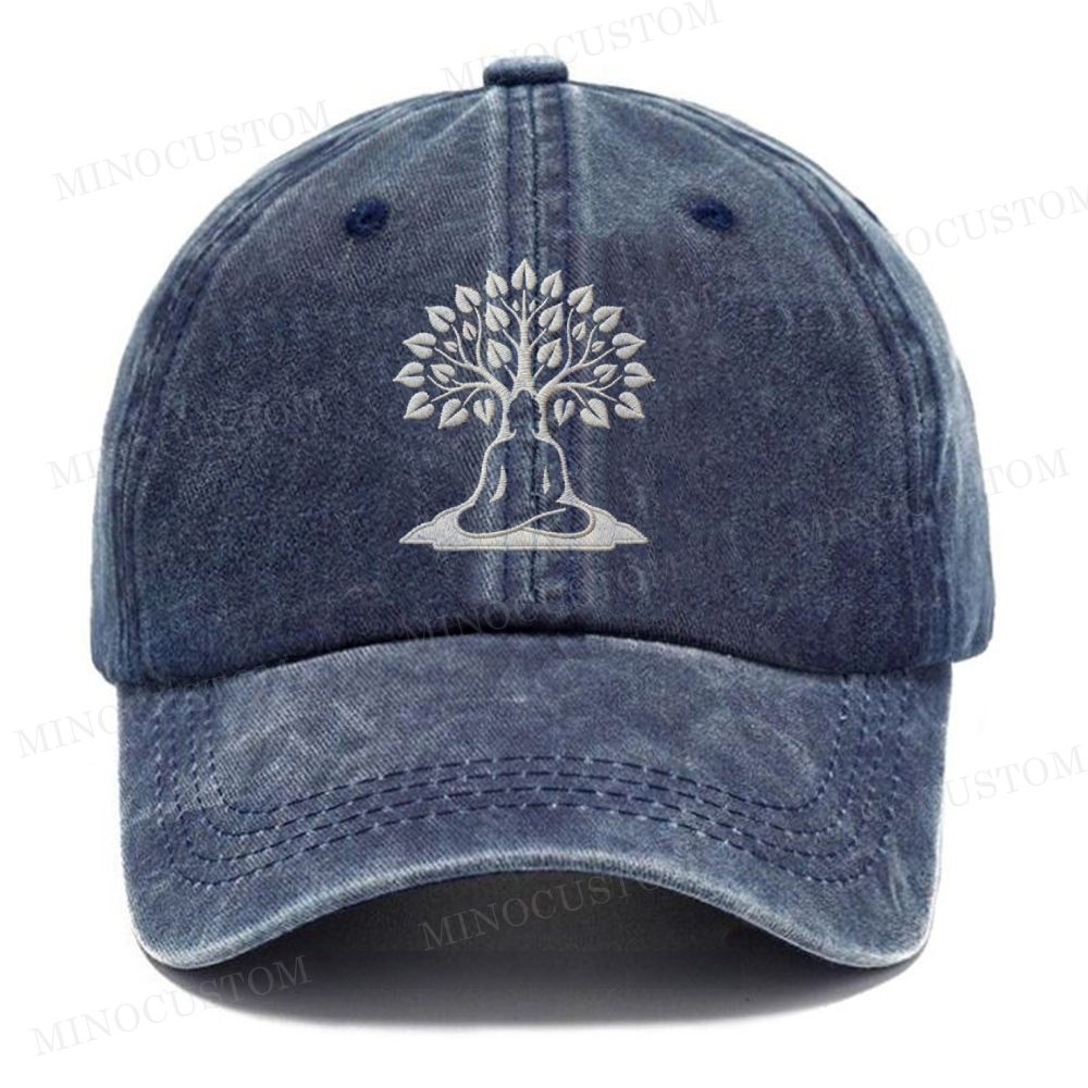 Embroidery Buddha Under Bodhi Tree Vintage Casual Washed Cap