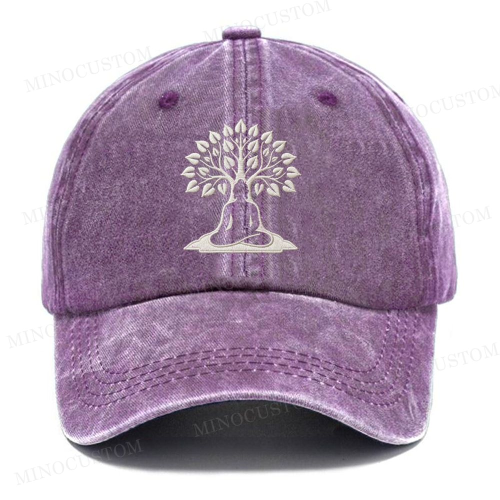 Embroidery Buddha Under Bodhi Tree Vintage Casual Washed Cap