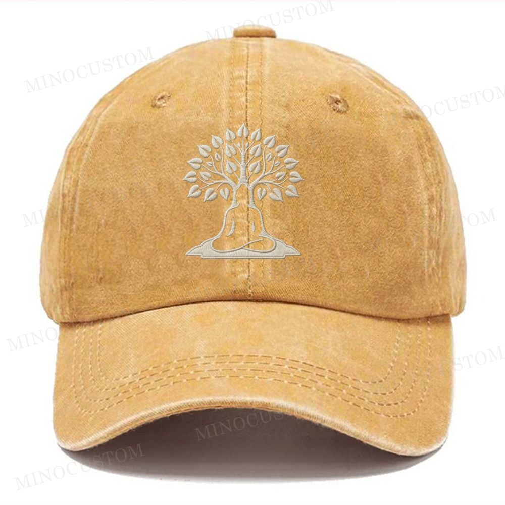 Embroidery Buddha Under Bodhi Tree Vintage Casual Washed Cap