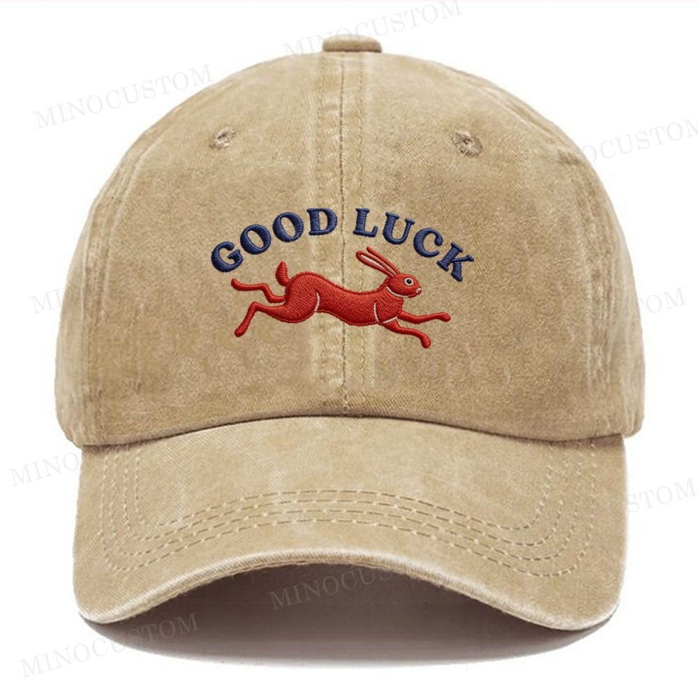 "Good Luck" Running Rabbit Vintage Casual Washed Cap