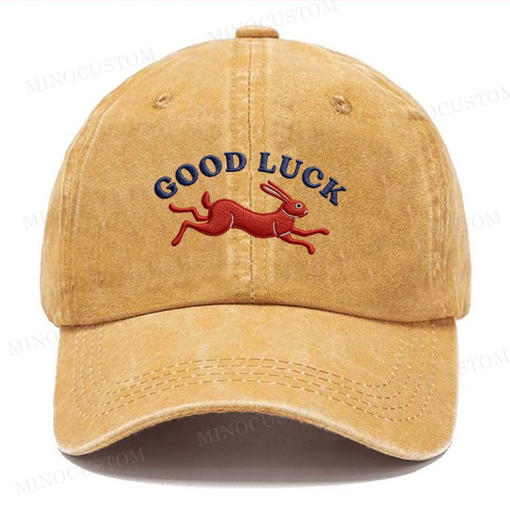 "Good Luck" Running Rabbit Vintage Casual Washed Cap