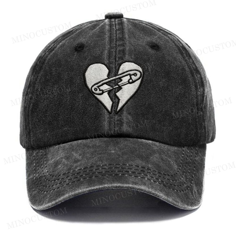 Embroidery Vintage Broken Heart Safety Pin Washed Cap
