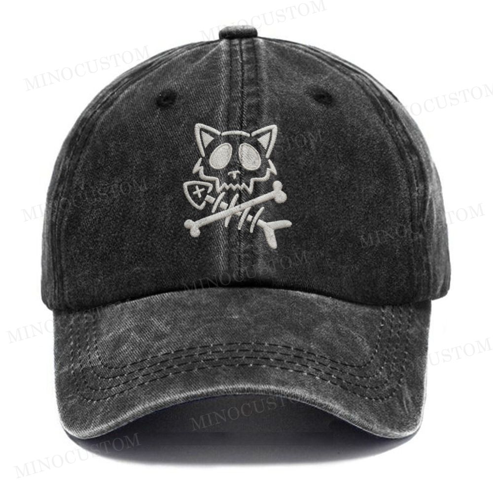 Embroidery Vintage Cat Skull Crossbones Washed Cap