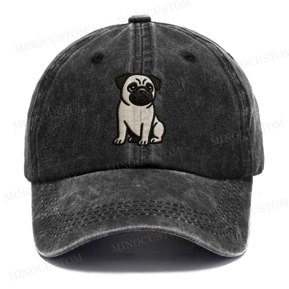 Embroidery Sitting Pug Vintage Casual Washed Cap