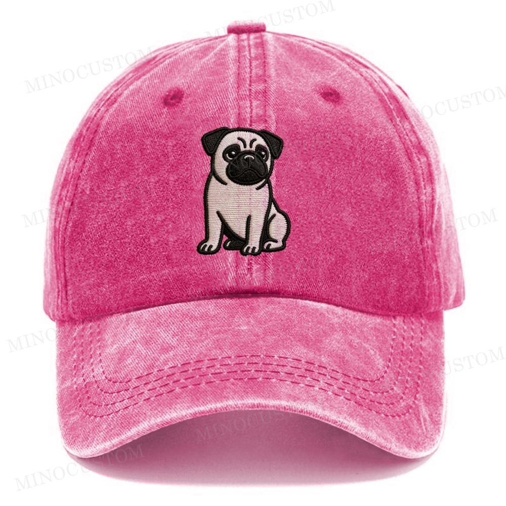 Embroidery Sitting Pug Vintage Casual Washed Cap