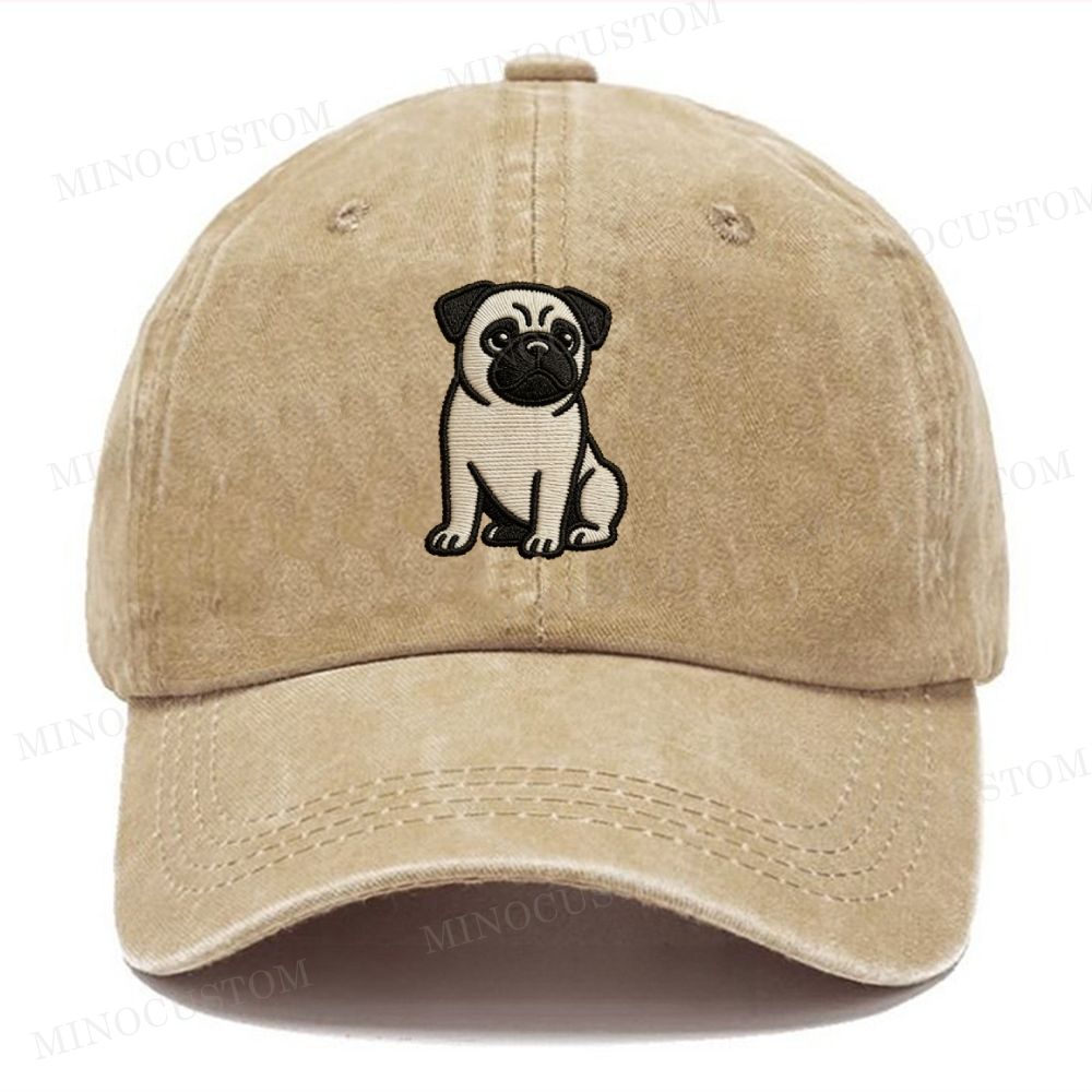 Embroidery Sitting Pug Vintage Casual Washed Cap