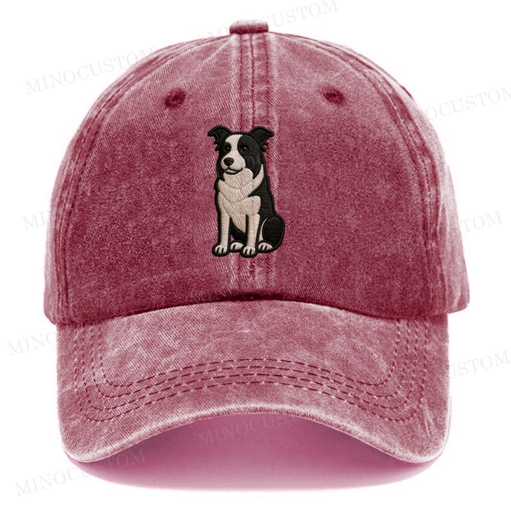 Embroidery Sitting Border Collie Vintage Casual Washed Cap
