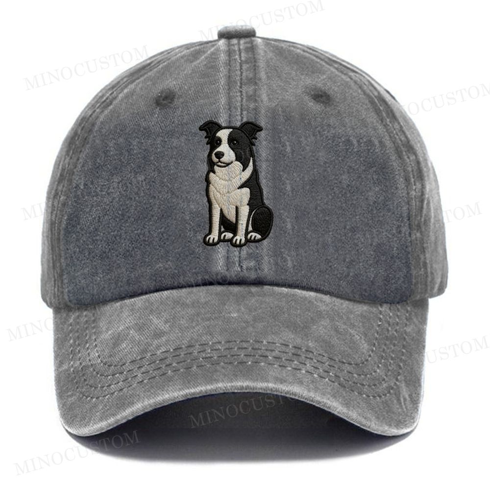 Embroidery Sitting Border Collie Vintage Casual Washed Cap