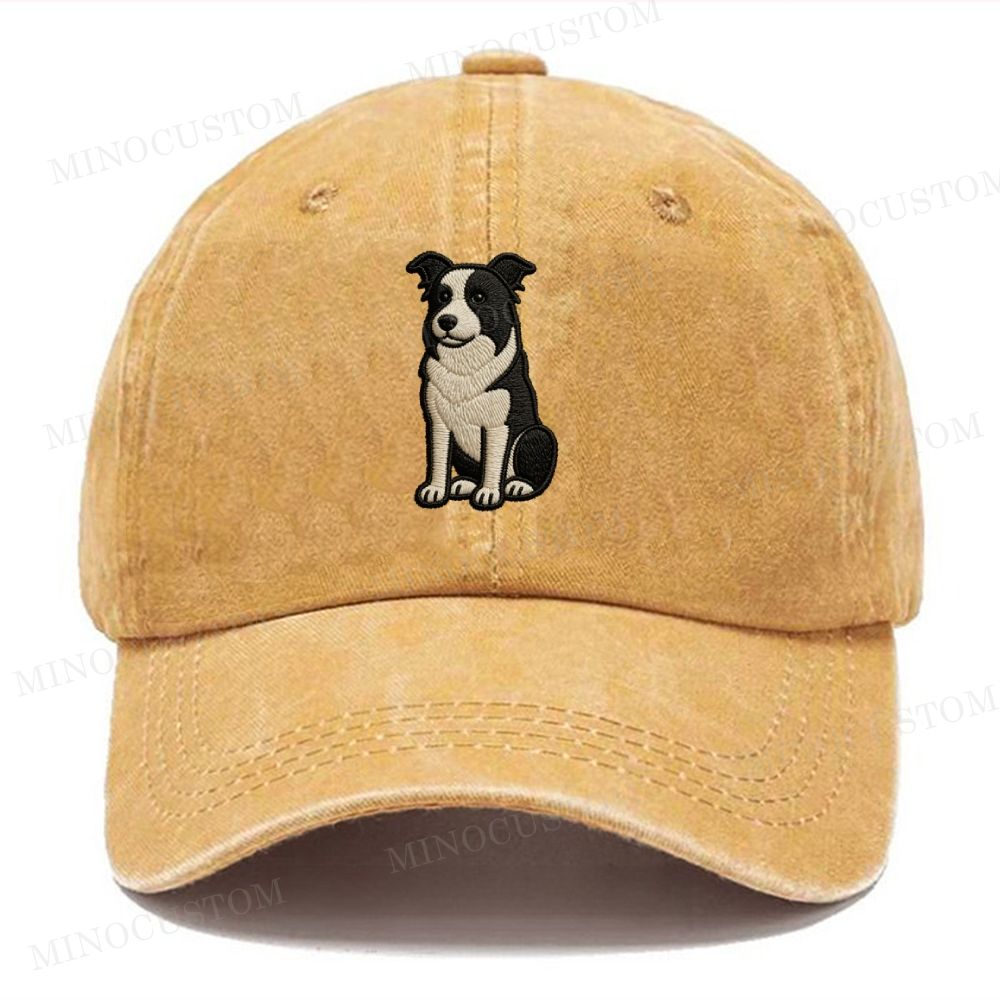 Embroidery Sitting Border Collie Vintage Casual Washed Cap