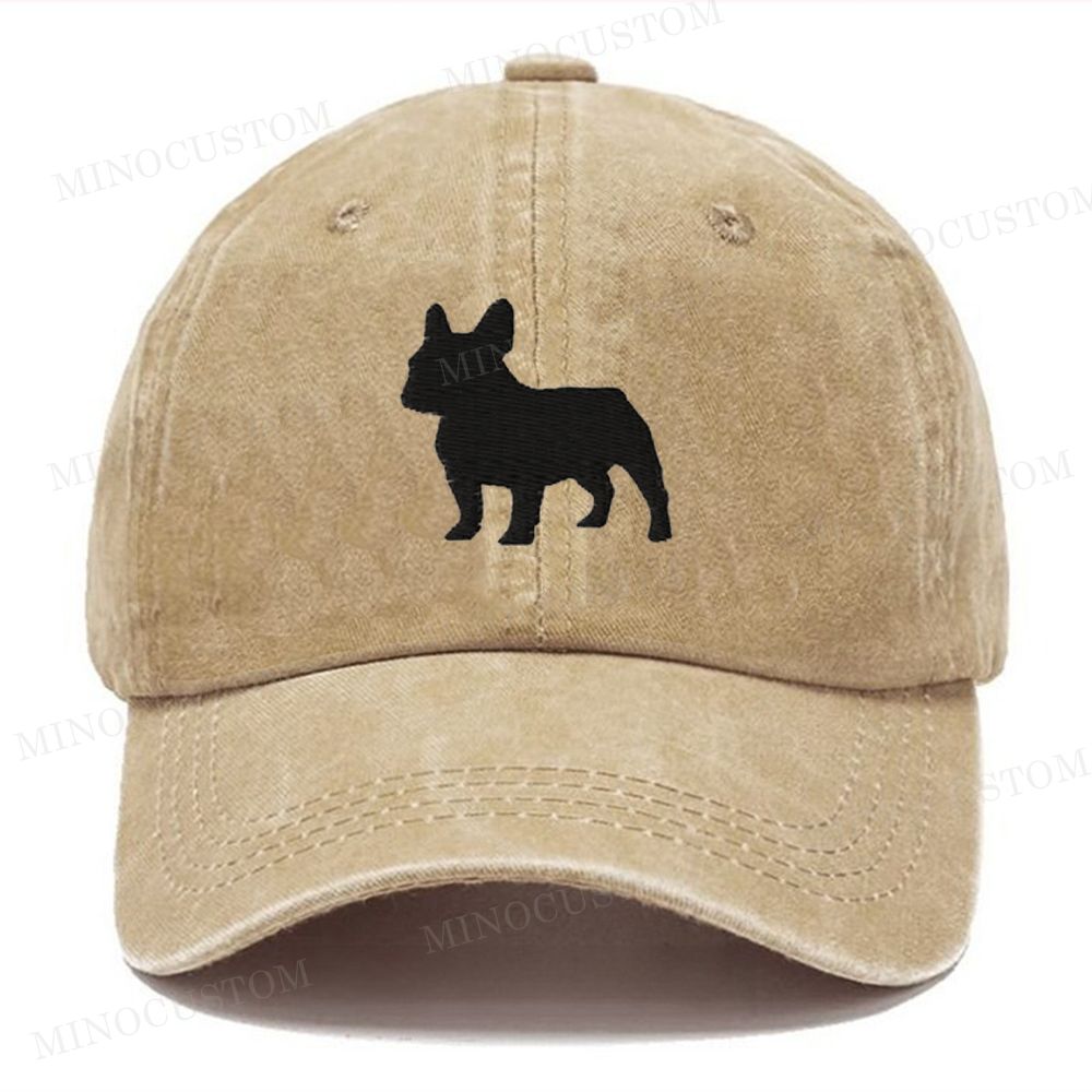 French Bulldog Silhouette Embroidered Vintage Casual Washed Cap