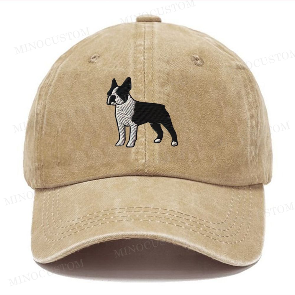 Embroidered Boston Terrier Vintage Casual Washed Cap