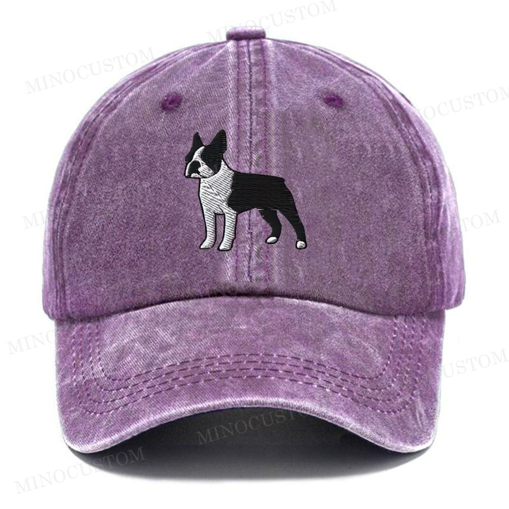 Embroidered Boston Terrier Vintage Casual Washed Cap
