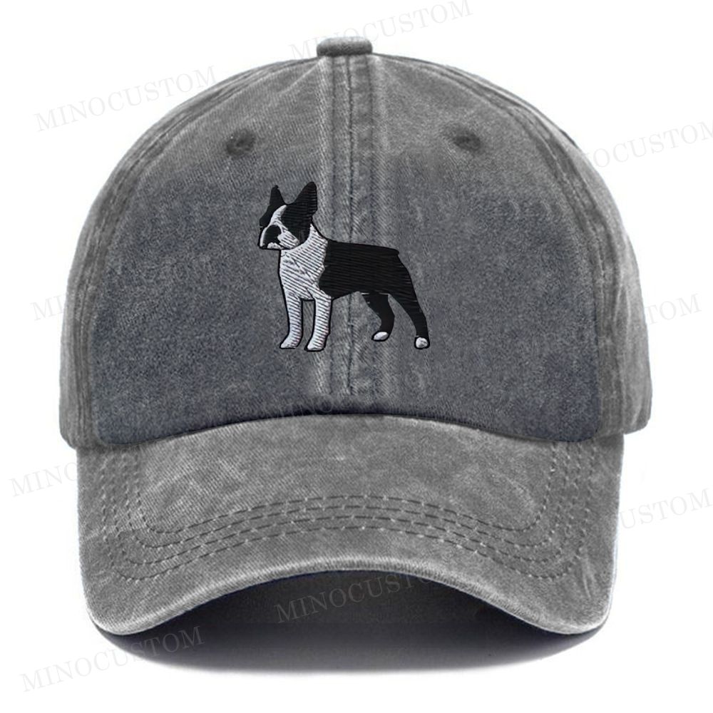 Embroidered Boston Terrier Vintage Casual Washed Cap