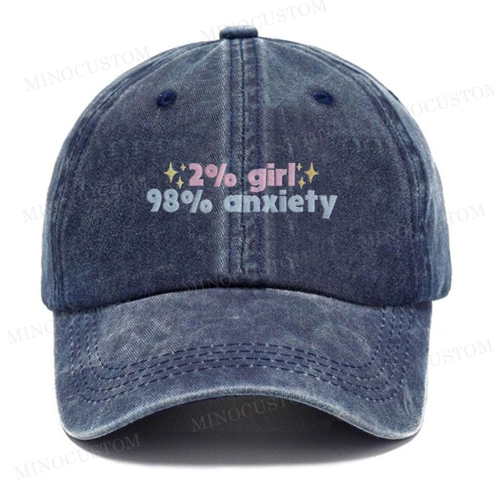 Embroidery "2% Girl 98% Anxiety" Vintage Casual Washed Cap