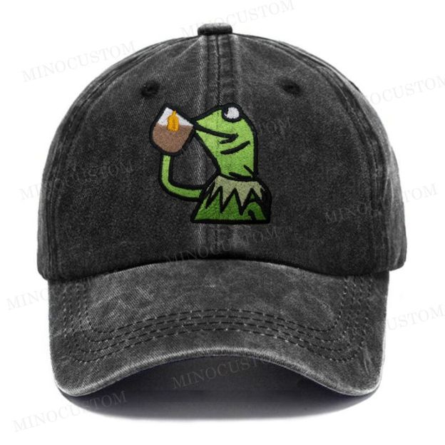  Embroidery Kermit Tea Time Vintage Casual Washed Cap