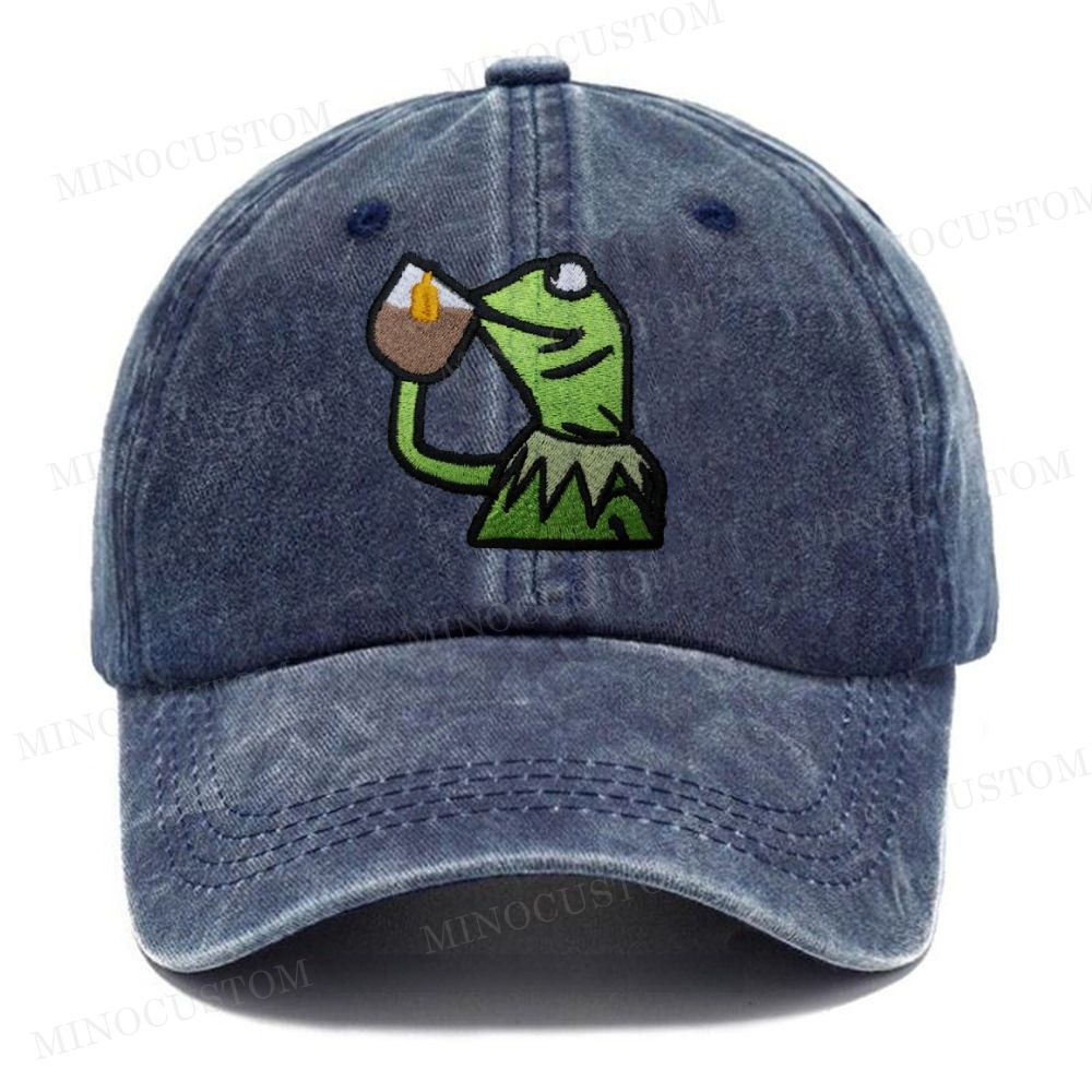  Embroidery Kermit Tea Time Vintage Casual Washed Cap