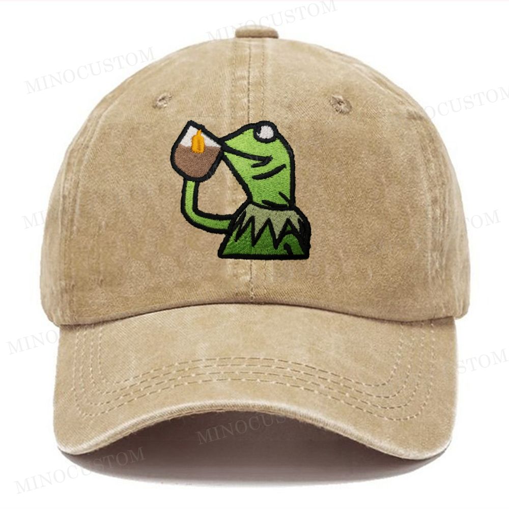  Embroidery Kermit Tea Time Vintage Casual Washed Cap