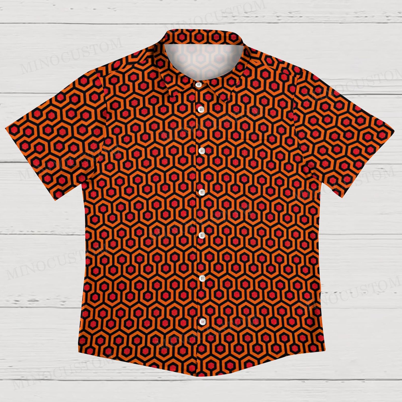 Retro Geometric Hexagon “Panoramic Hotel” Men's Shirt Collar Resort Short Sleeve Shirt 