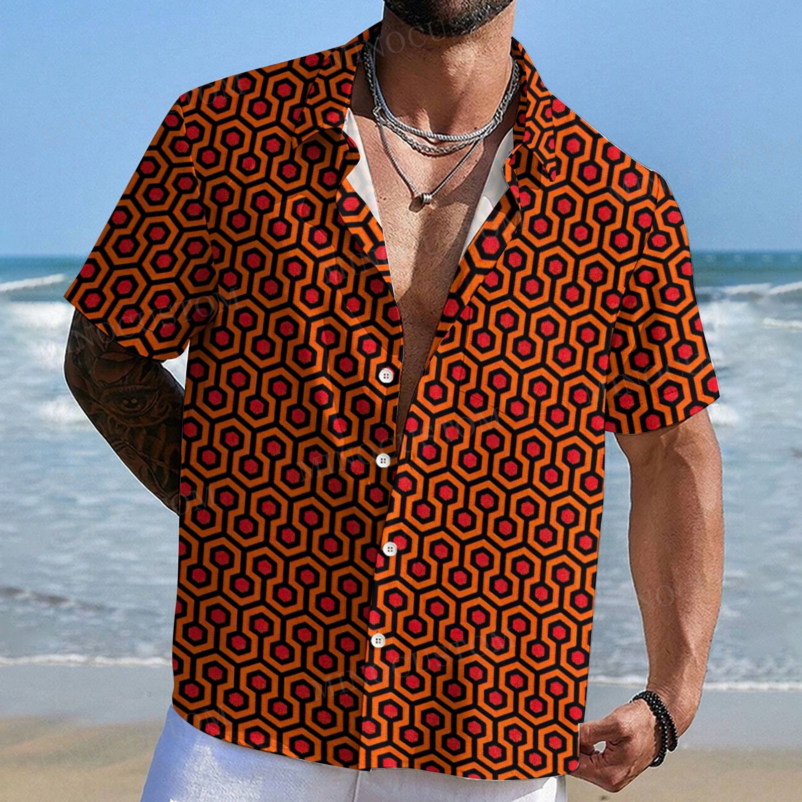 Retro Geometric Hexagon “Panoramic Hotel” Men's Shirt Collar Resort Short Sleeve Shirt 