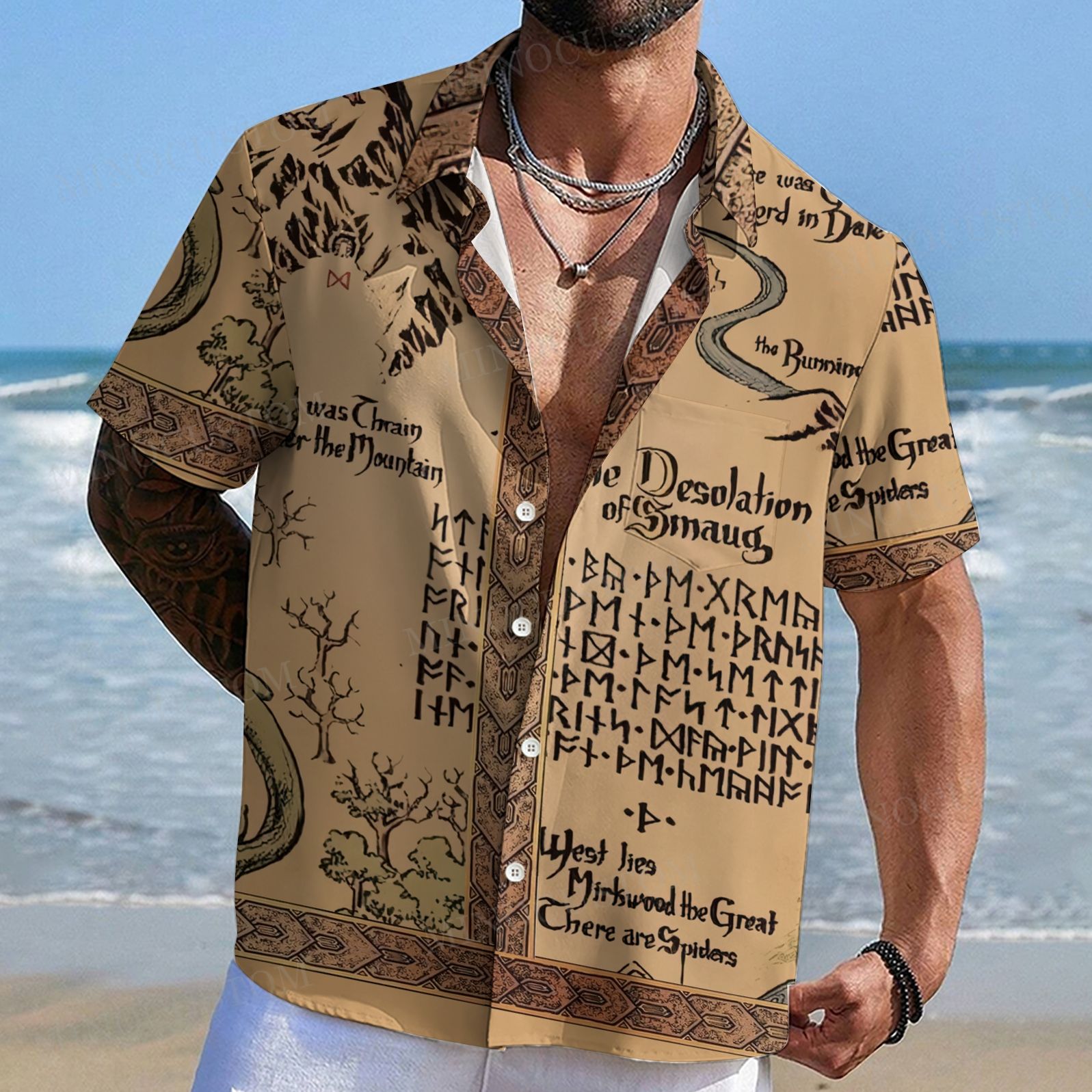 Medieval Science Fiction Map Men's Shirt Collar Resort Short Sleeve Shirt 