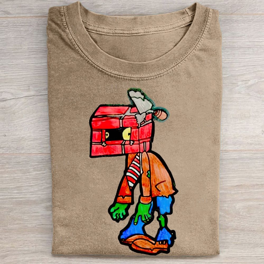 Brick Head Zombie Hand-Drawn Print Vintage Washed Tee