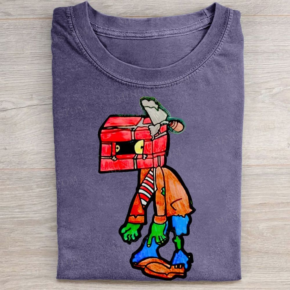 Brick Head Zombie Hand-Drawn Print Vintage Washed Tee