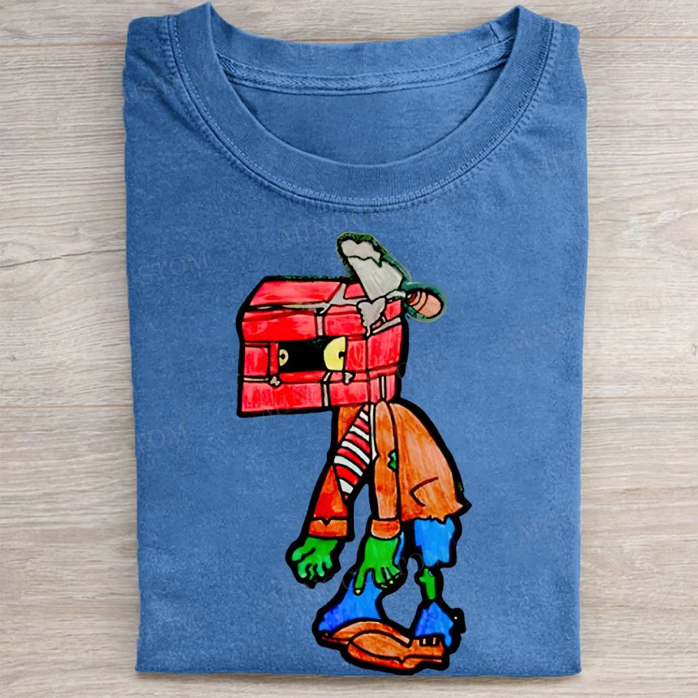 Brick Head Zombie Hand-Drawn Print Vintage Washed Tee