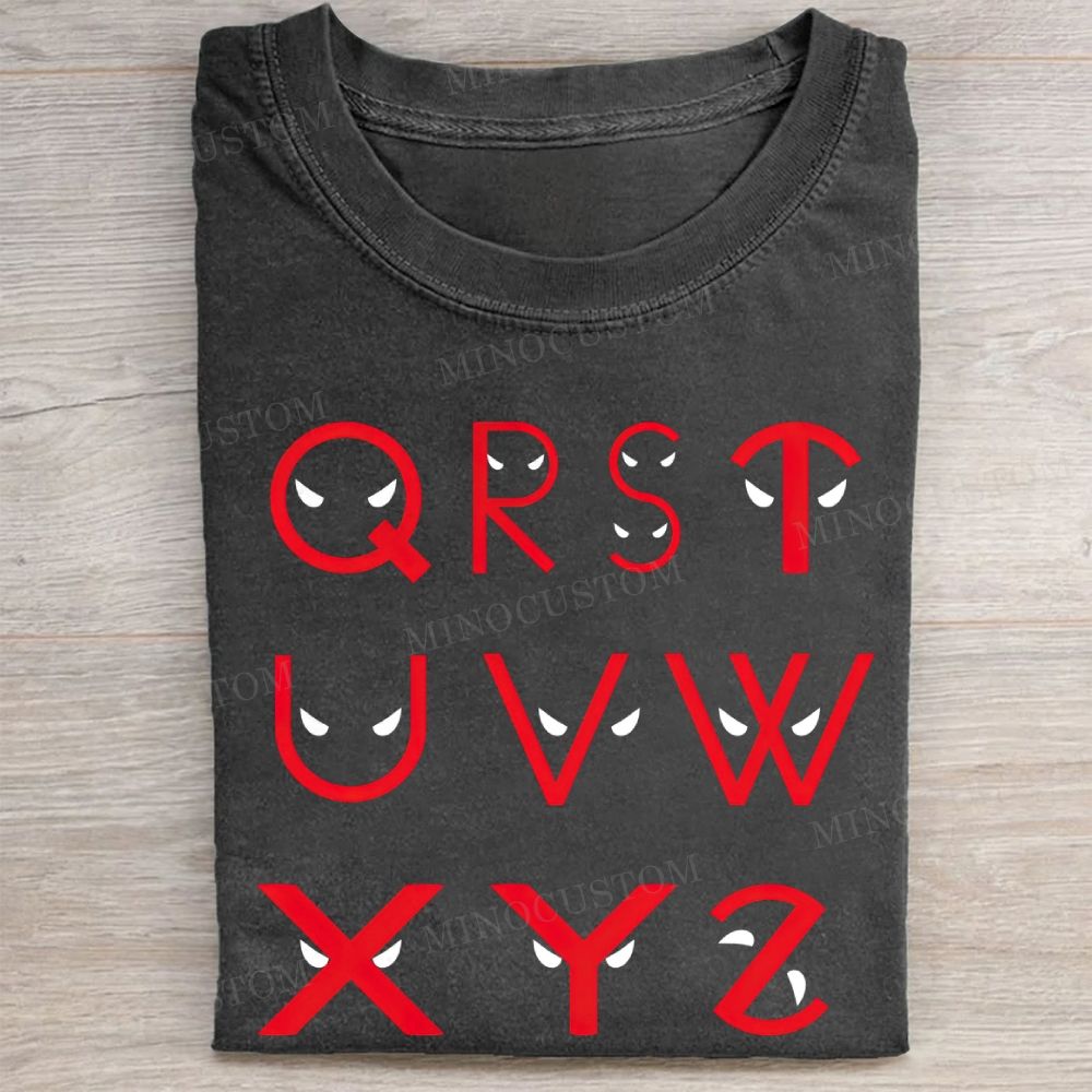 Creative Letter & Red Mask Eyes Print Vintage Washed Tee