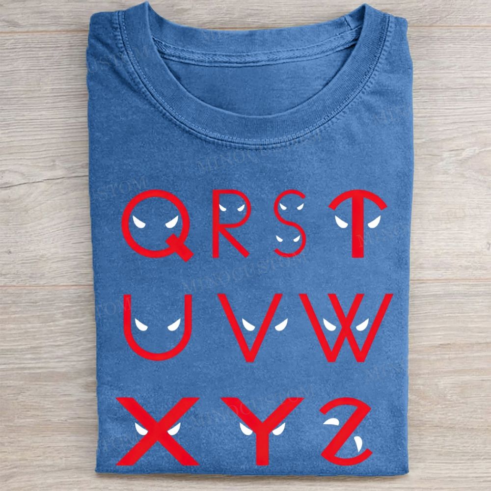 Creative Letter & Red Mask Eyes Print Vintage Washed Tee