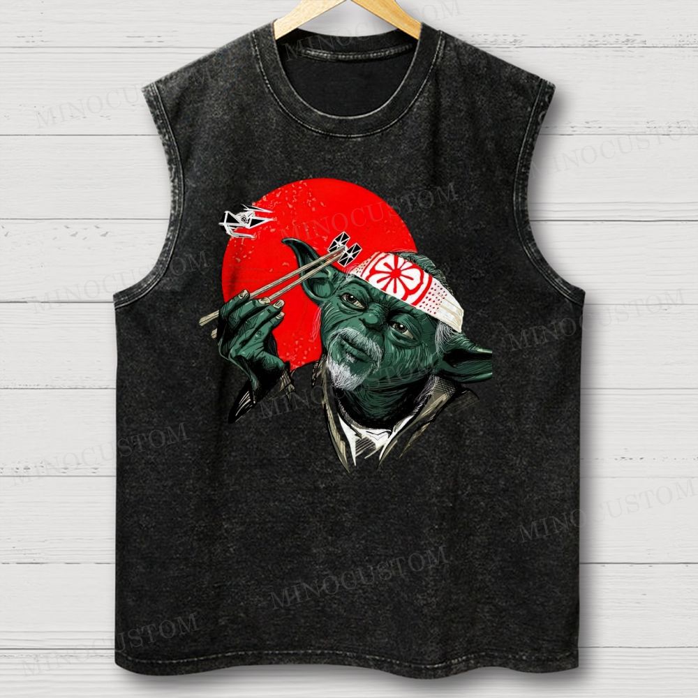 Funny Green Alien Samurai Graphic Washed Vest