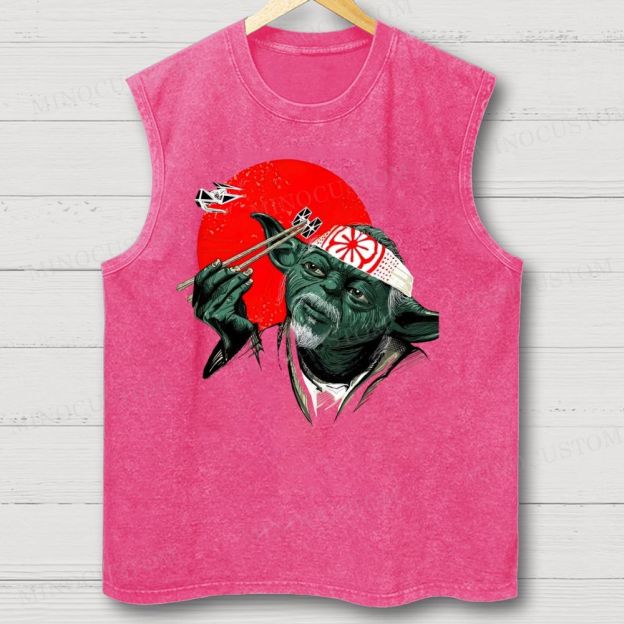 Funny Green Alien Samurai Graphic Washed Vest