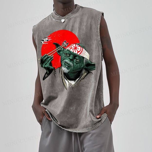 Funny Green Alien Samurai Graphic Washed Vest
